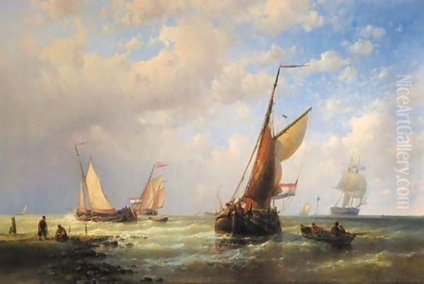 Dutch fishingboats setting out to sea with fishermen on the shore Oil Painting by Abraham Hulk Jun.