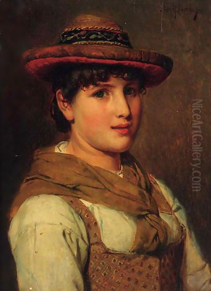 A portrait of a young lady, half-length, wearing a hat Oil Painting by Adolf Eberle