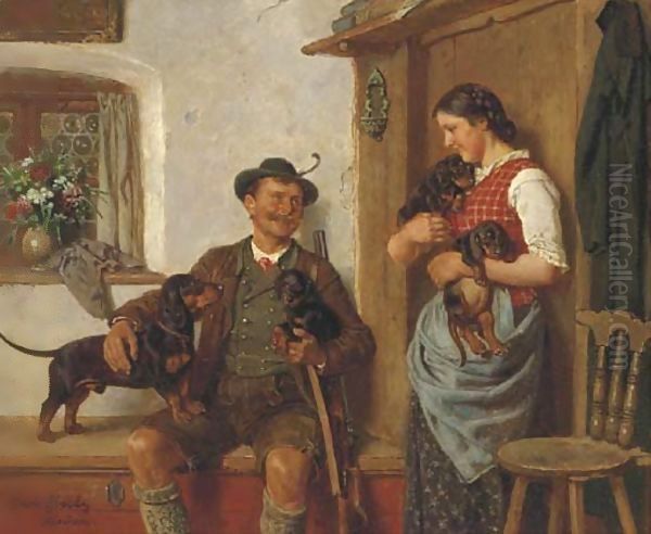 Admiring the puppies Oil Painting by Adolf Eberle