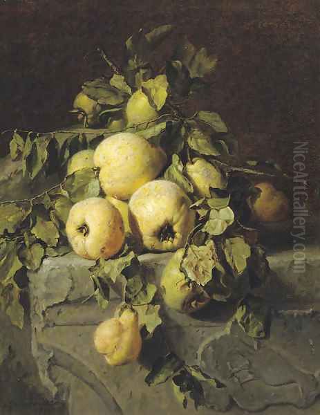 Quinces on a ledge Oil Painting by Adriana-Johanna Haanen