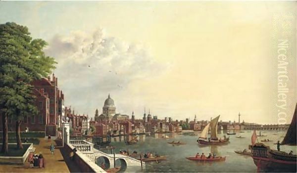 View of the Thames from the terrace of Somerset House, St. Paul's and the City beyond Oil Painting by (Giovanni Antonio Canal) Canaletto