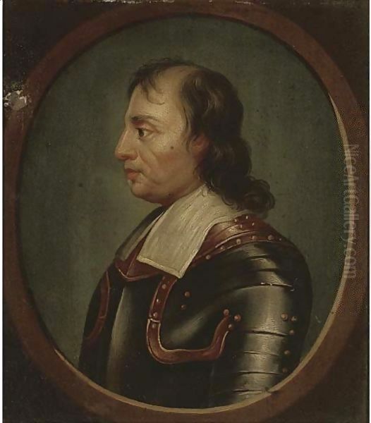 Portrait of Oliver Cromwell (1599-1658), bust-length, in armour, feigned oval Oil Painting by Samuel Cooper