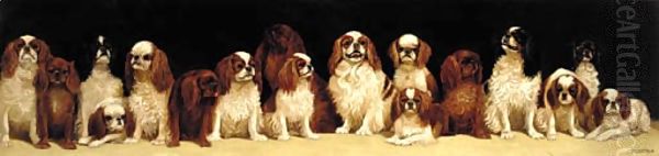 Seventeen seated King Charles and Blenheim spaniels Oil Painting by Alexander Pope