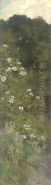 Geraniums and dog roses Oil Painting by Alfred Parsons