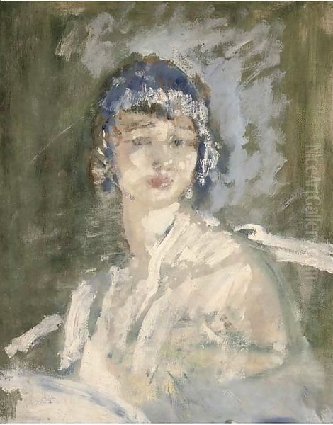 Portrait of a lady, bust-length, in a white dress Oil Painting by Ambrose McEvoy