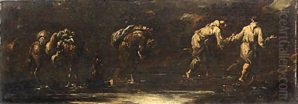 Two Capuchin monks and a Franciscan with a laden mule at a ford Oil Painting by Alessandro Magnasco