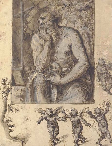 A hermit contemplating a crucifix, with studies of putti and a head in profile Oil Painting by Bernardino Luini