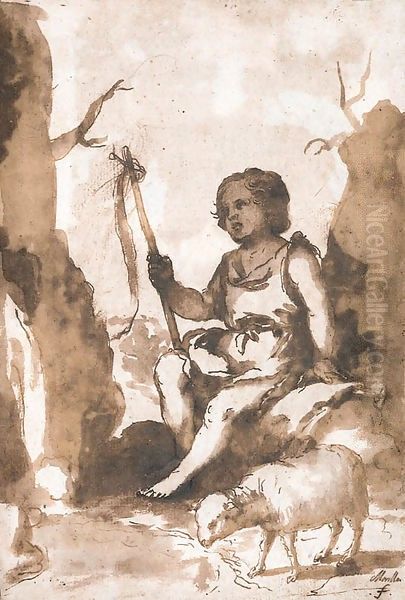 The Infant Baptist seated on a rock with a lamb Oil Painting by Bartolome Esteban Murillo