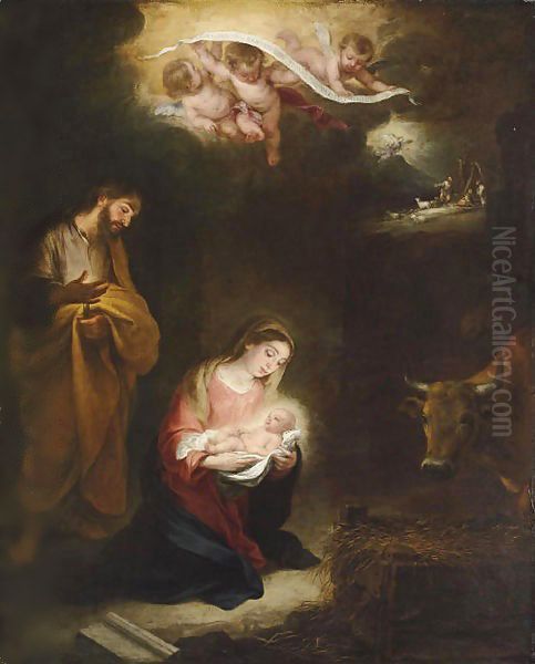 The Nativity with the Annunciation to the Shepherds beyond Oil Painting by Bartolome Esteban Murillo