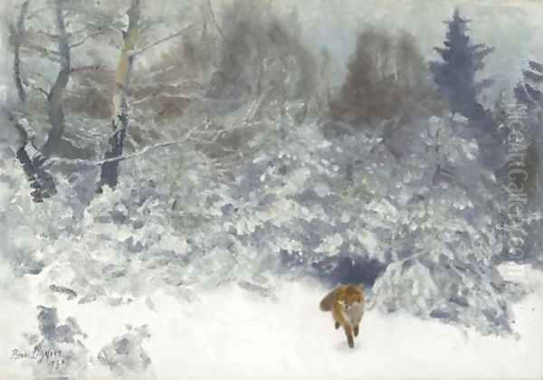 Fox in a Winter landscape Oil Painting by Bruno Andreas Liljefors