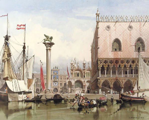 Sailingvessels moored by the Doge's Palace, Venice Oil Painting by Carl Friedrich H. Werner