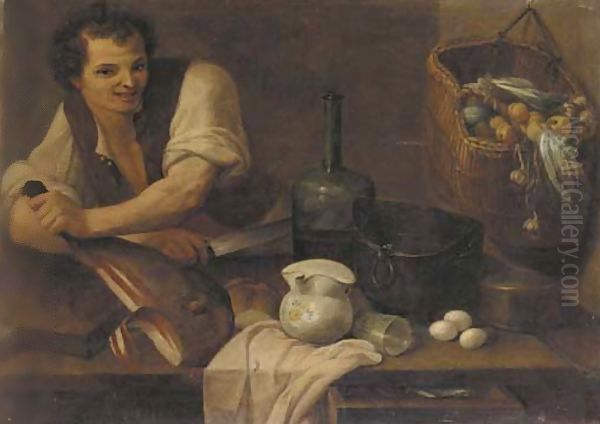 A kitchen interior with a serving boy slicing prosciutto, a basket of vegetables hanging from the wall, bread, a glass, a bottle, and other objects Oil Painting by Carlo Magini