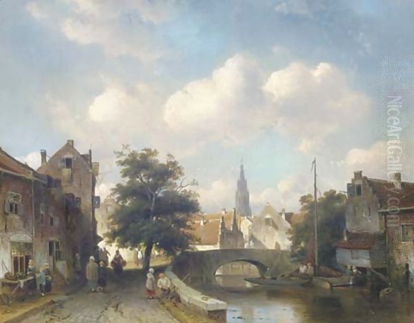 A canal in a sunlit Dutch town Oil Painting by Charles Henri Leickert