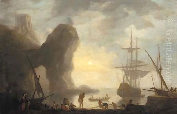 A harbour with a rock arch, a man-o'-war lowering its sails and fishermen pulling in their nets Oil Painting by Vernet Claude Joseph