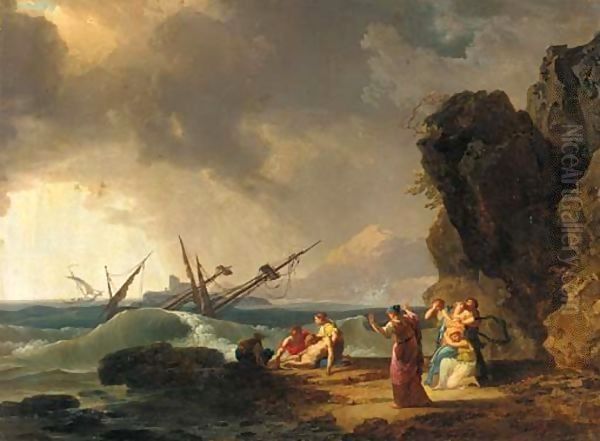 A Mediterranean rocky coastal landscape with a shipwreck in a storm Oil Painting by Vernet Claude Joseph