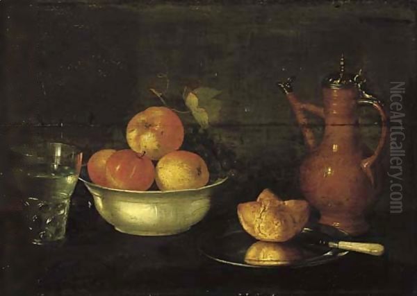 Apples and grapes in a porcelain bowl, a bread roll on a pewter plate, a glass of water and a jug on a wooden ledge. Oil Painting by Cornelis Jacobsz Delff