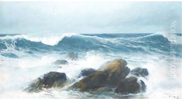 Waves crashing on a rocky shore Oil Painting by David James