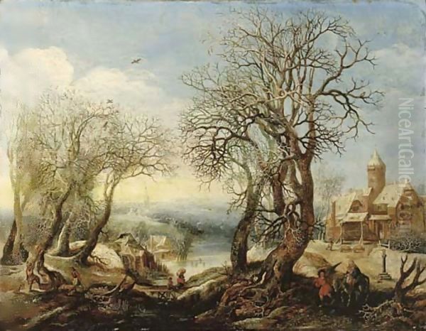 An extensive winter river landscape with the Flight into Egypt, a sportsman and his hound, a wood gatherer trundling a wheelbarrow and a peasant woman Oil Painting by Denys Van Alsloot