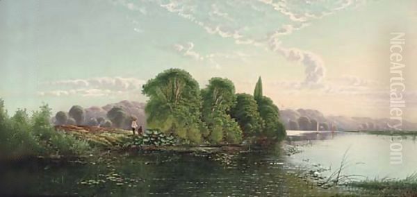 Anglers on a riverbank on a summer's day Oil Painting by Henry John Boddington