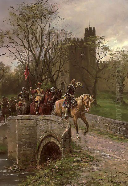 Cromwellian soldiers leaving Warwick Castle Oil Painting by Ernest Crofts