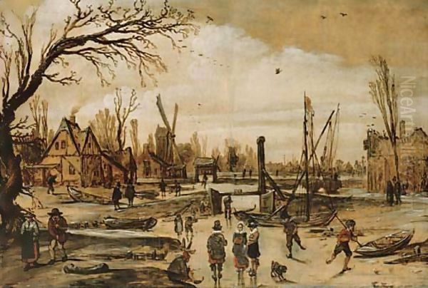 A winter landscape with figures skating on a frozen canal Oil Painting by Esaias Van De Velde