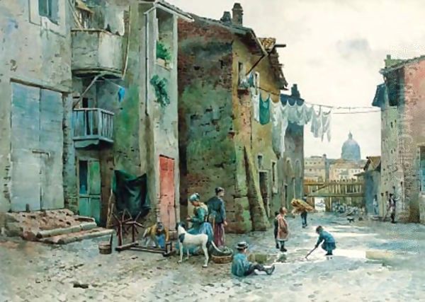 A Roman backstreet, St Peter's beyond Oil Painting by Ettore Roesler Franz