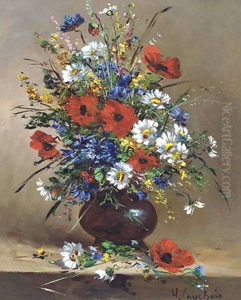 Poppies and daisies and other flowers in a bowl Oil Painting by Eugene Henri Cauchois