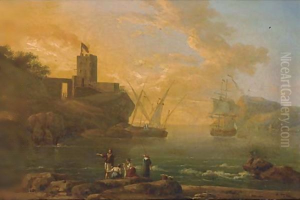 A Mediterranean coastal inlet with fisherman in the foreground Oil Painting by Vernet Claude Joseph