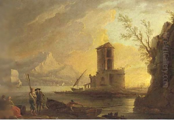 A Mediterranean coast at sunset with figures on the shore Oil Painting by Vernet Claude Joseph