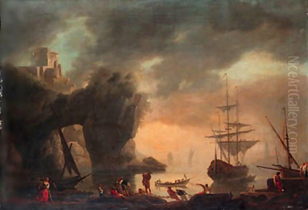 A Mediterranean inlet with a man-o'-war lowering its sails and fishermen pulling in their nets in the foreground Oil Painting by Vernet Claude Joseph