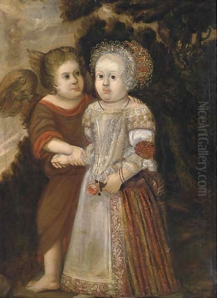 Portrait of a child accompanied by an Angel Oil Painting by Wybrand Simonsz. de Geest