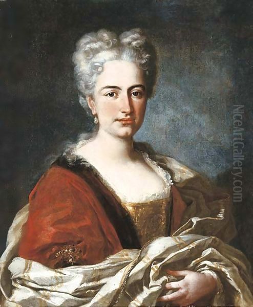 Portait of a lady, half-length, in a red and gold dress with lace trimmings and a satin shawl Oil Painting by Francesco Solimena