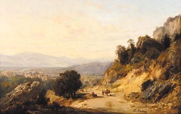 Figures on a mountain track, a town beyond by Francois-Antoine-Leon Fleury