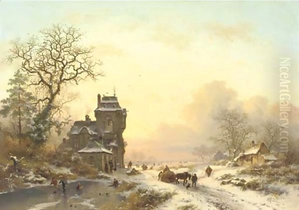 On the ice by a mansion at sunset Oil Painting by Frederik Marianus Kruseman