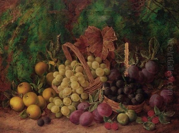 Red and white grapes, plums, raspberries, quinces and greengages on a mossy bank Oil Painting by George Clare