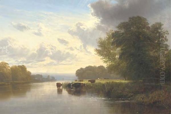 Cattle watering on the Thames Oil Painting by George Cole, Snr.