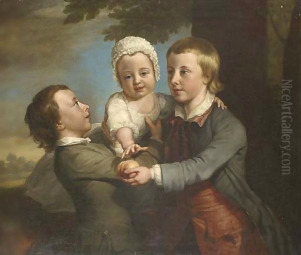 Group Portrait Of Three Children, Three-Quarter-Length, In A Wooded Landscape, The Eldest Holding A Peach Oil Painting by George Knapton