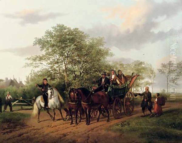 A halted carriage with Utrecht in the distance Oil Painting by Gijsbertus Craeyvanger