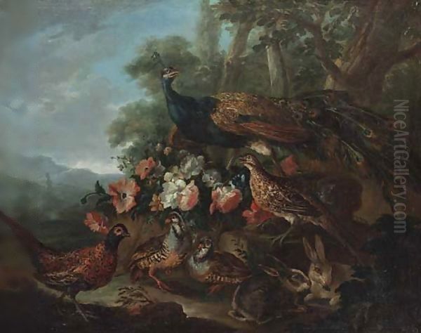 A peacock, pheasants and rabbits in a wooded park Oil Painting by Giovanni Crivelli, Il Crivellone