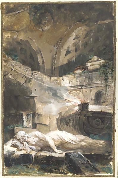 A vestal virgin reclining near a holy fire in a tomb Oil Painting by Giuseppe Bernardino Bison