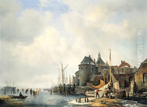 Een gezigt van de Rietdijkse Poort en het Hoofd te Dordrecht, bij winter Oil Painting by Hendrikus van den Sande Bakhuyzen