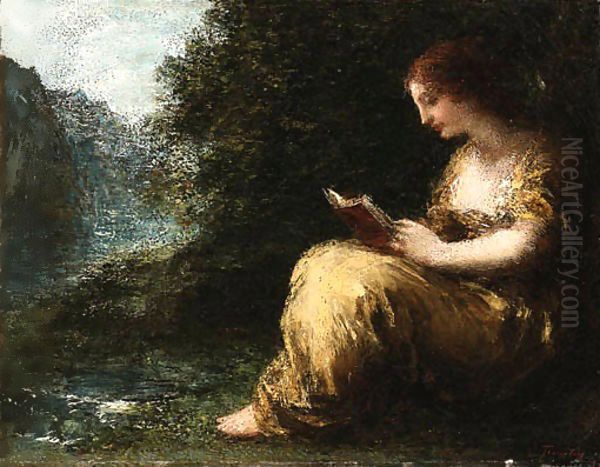 A young lady reading Oil Painting by Ignace Henri Jean Fantin-Latour