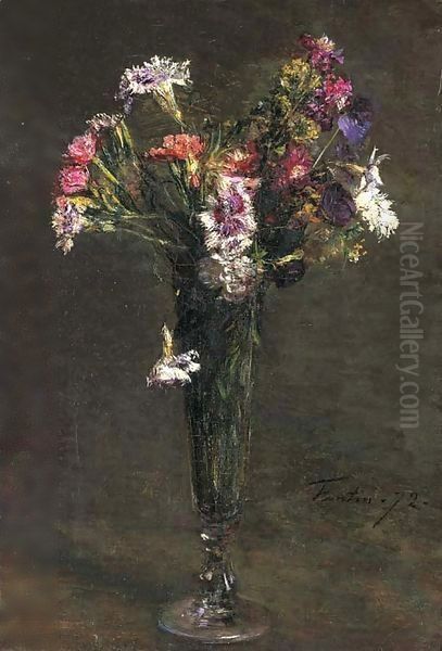 Fleurs oeillets et jacynthe dans une flute a champagne Oil Painting by Ignace Henri Jean Fantin-Latour