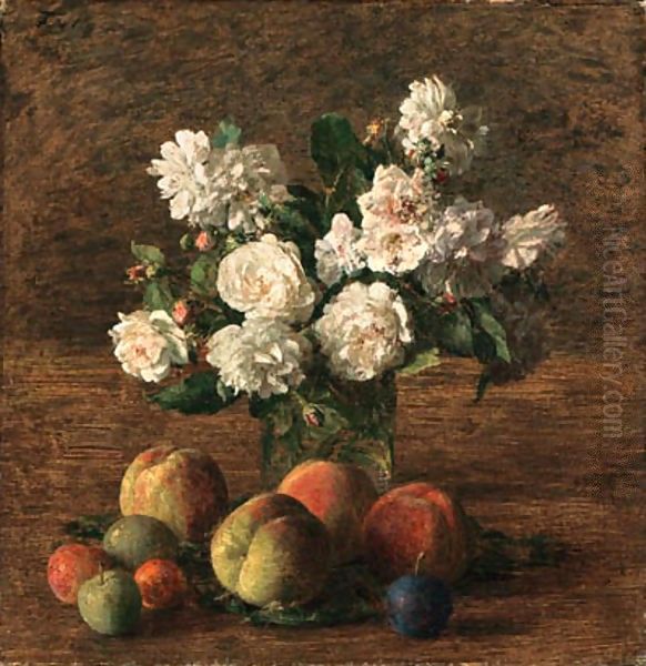 Nature morte roses et fruits Oil Painting by Ignace Henri Jean Fantin-Latour