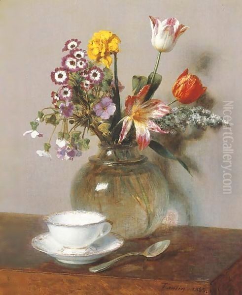 Vase de fleurs avec une tasse de cafe Oil Painting by Ignace Henri Jean Fantin-Latour