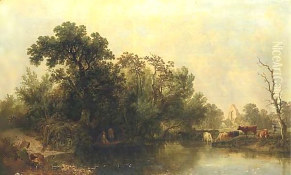 Anglers fishing beside a ruined Abbey Oil Painting by Henry John Boddington