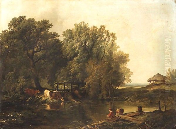 A wooded Landscape with a Boy fishing and Cattle watering by a Pool Oil Painting by Henry John Boddington