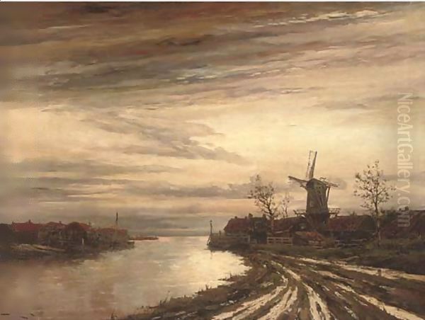 A Dutch canal town at dusk Oil Painting by Hermanus Jr. Koekkoek