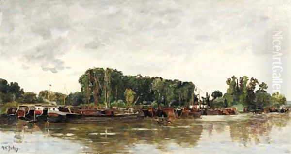 Barges a Rangiport sur Seine Oil Painting by Hippolyte Camille Delpy