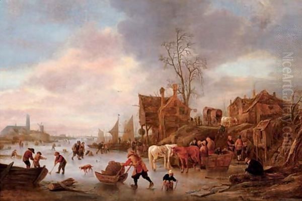 A winter landscape with villagers on a frozen canal Oil Painting by Isaack Jansz. van Ostade